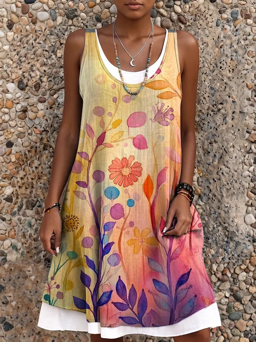 Ethnicity Watercolor Floral Women's Art Print Sleeveless Midi Dress