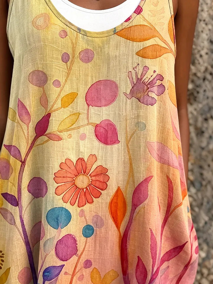 Ethnicity Watercolor Floral Women's Art Print Sleeveless Midi Dress