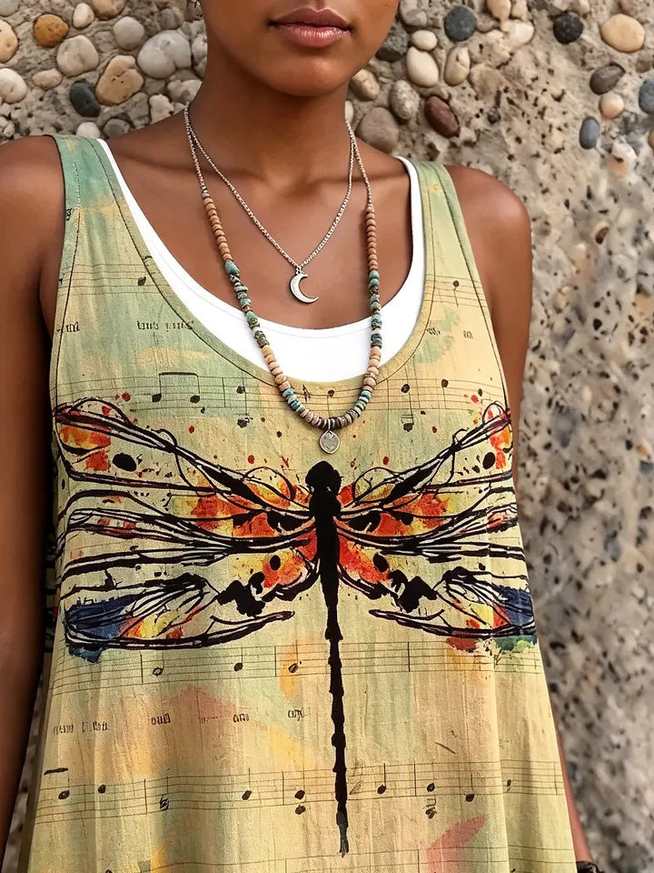 Retro Ethnicity Dragonfly Women's Art Print Sleeveless Midi Dress