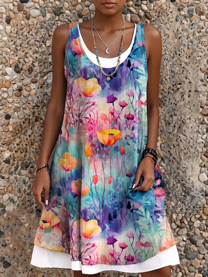 Retro Ethnicity Watercolor Floral Women's Art Print Sleeveless Midi Dress