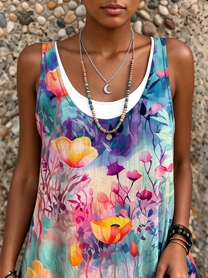 Retro Ethnicity Watercolor Floral Women's Art Print Sleeveless Midi Dress