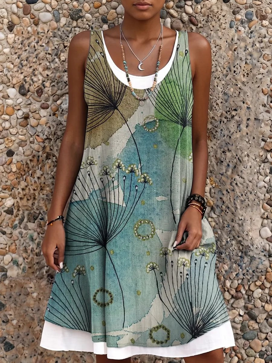 Ethnicity Watercolor Floral Geometry Women's Art Print Sleeveless Midi Dress