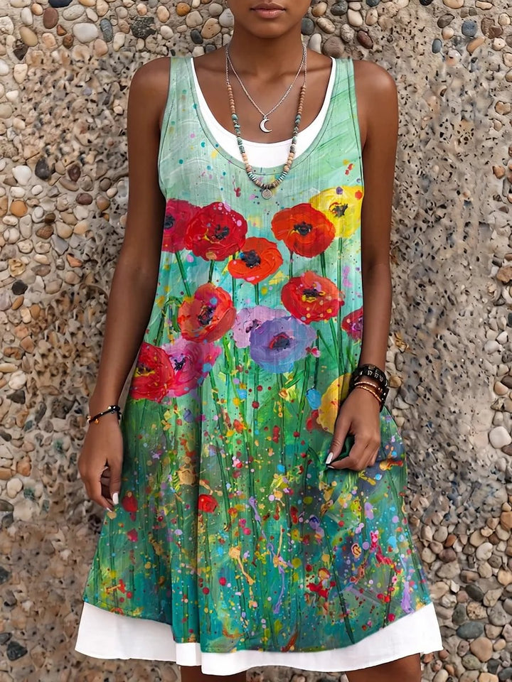 Ethnicity Watercolor Floral Green Women's Art Print Sleeveless Midi Dress