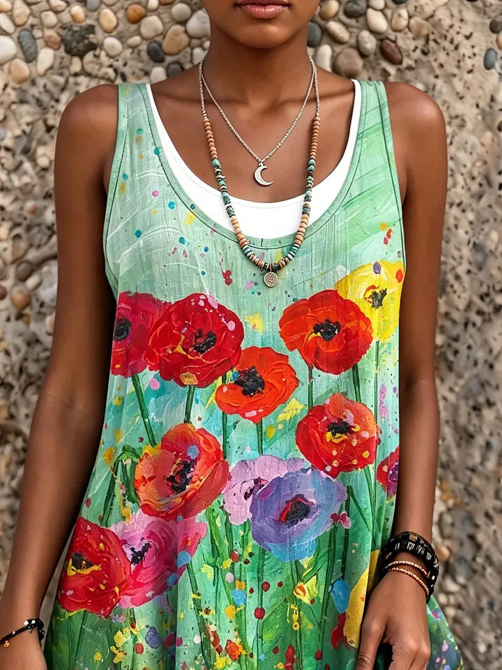 Ethnicity Watercolor Floral Green Women's Art Print Sleeveless Midi Dress