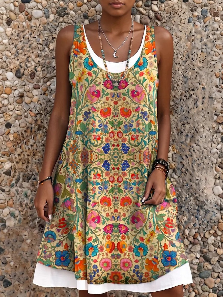 Ethnicity Flowers Geometry Women's Art Print Sleeveless Midi Dress