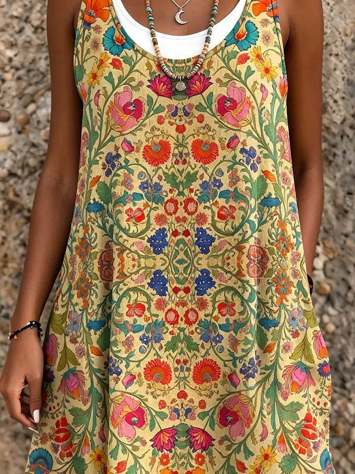 Ethnicity Flowers Geometry Women's Art Print Sleeveless Midi Dress