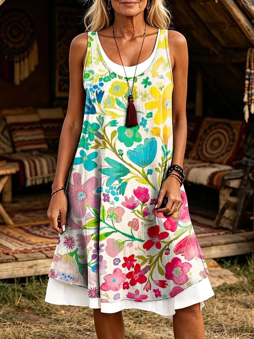 Women's Watercolor Hand-Painted Floral Print Sleeveless Midi Dress