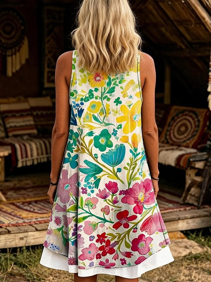 Women's Watercolor Hand-Painted Floral Print Sleeveless Midi Dress