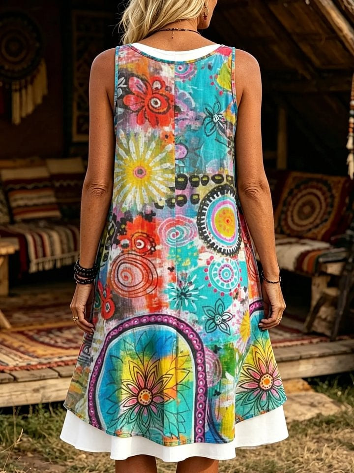 Women's Boho Mandala Geometric Floral Print Sleeveless Midi Dress
