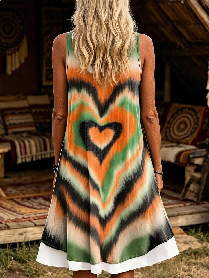 Women's Tie-Dye Heart Gradient Print Sleeveless Midi Dress