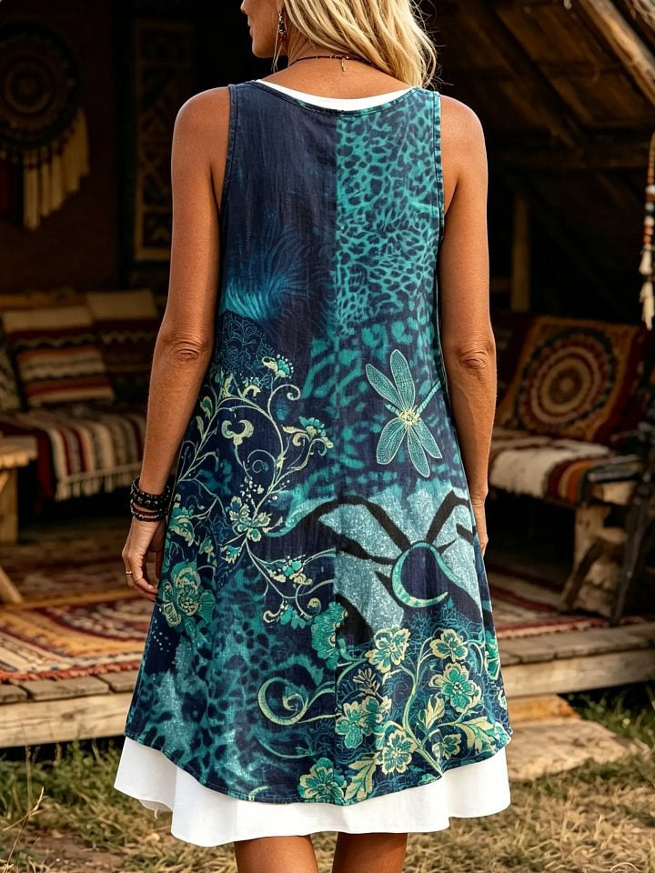 Women's Bohemian Hippie Dragonfly Art Print Sleeveless Midi Dress