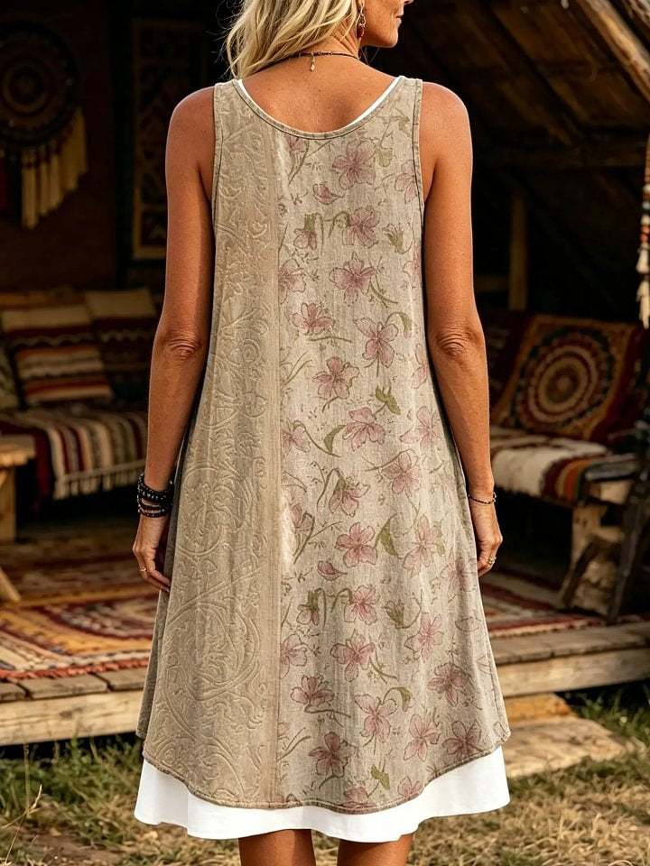 Women's Linen Style Subtle Floral Print Sleeveless Midi Dress