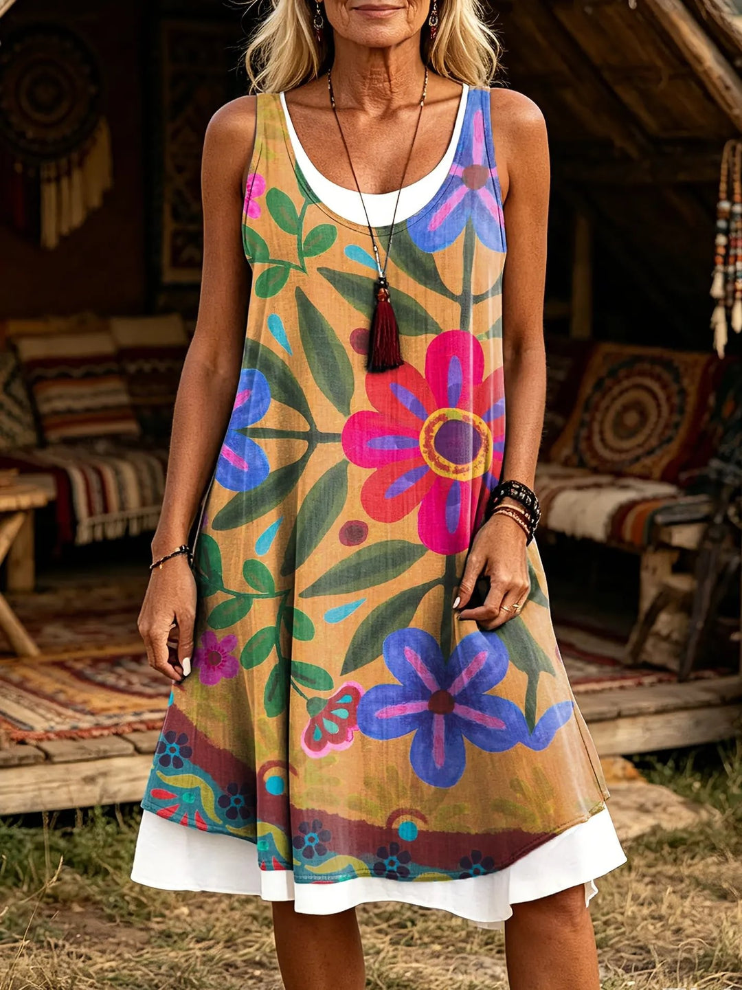 Women's Vintage Boho Floral Print Sleeveless Midi Dress