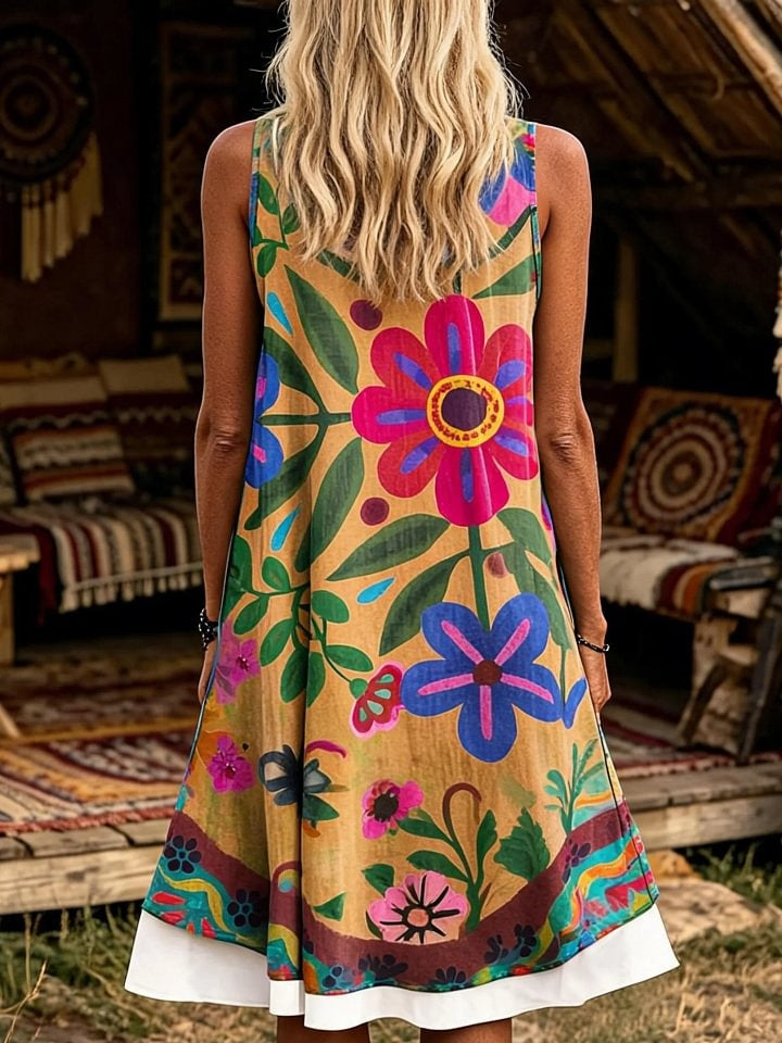 Women's Vintage Boho Floral Print Sleeveless Midi Dress