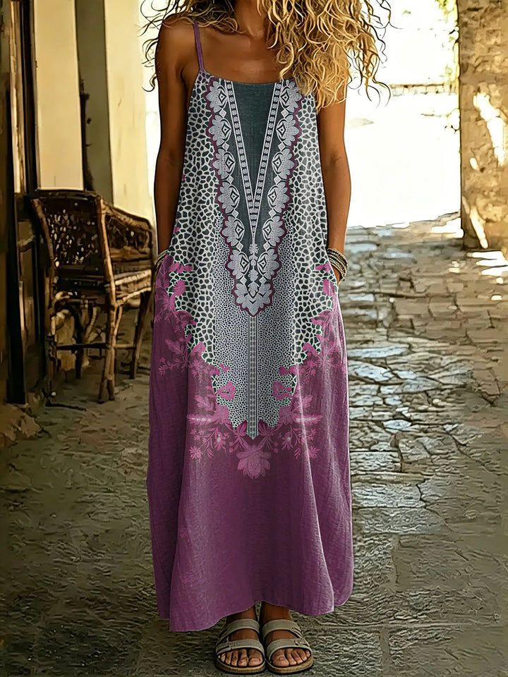 Women's Ethnic Geometric Floral Print Spaghetti Strap Maxi Dress