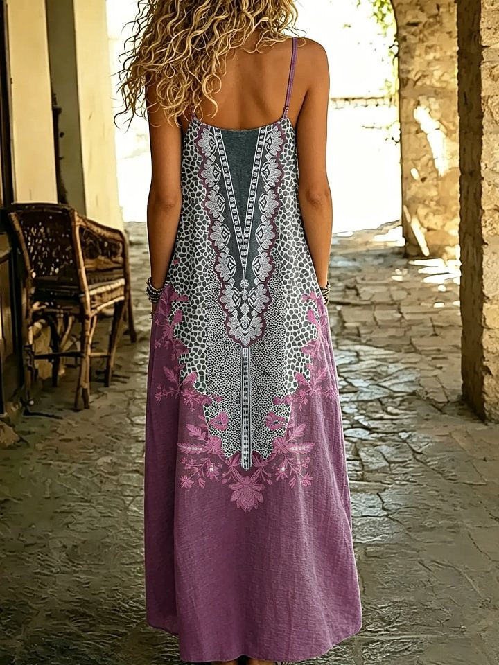 Women's Ethnic Geometric Floral Print Spaghetti Strap Maxi Dress