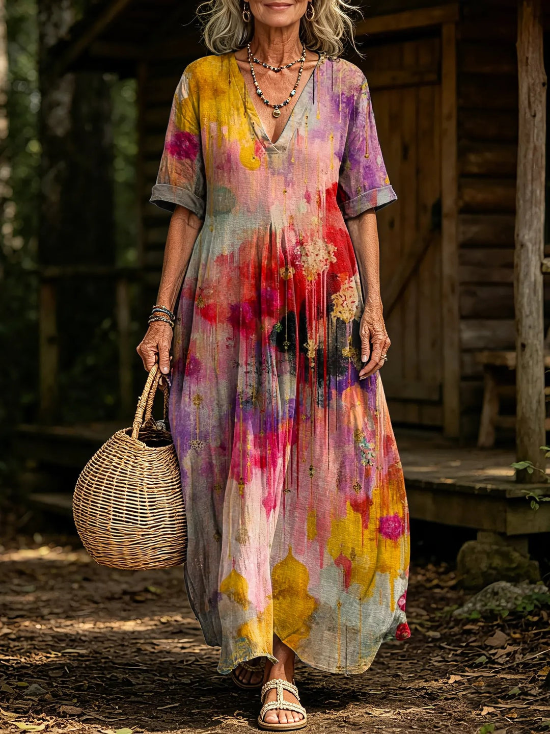 Women's Watercolor Abstract Print V-Neck Short Sleeve Linen Maxi Dress