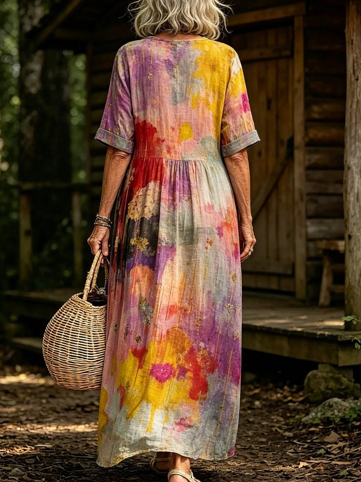 Women's Watercolor Abstract Print V-Neck Short Sleeve Linen Maxi Dress