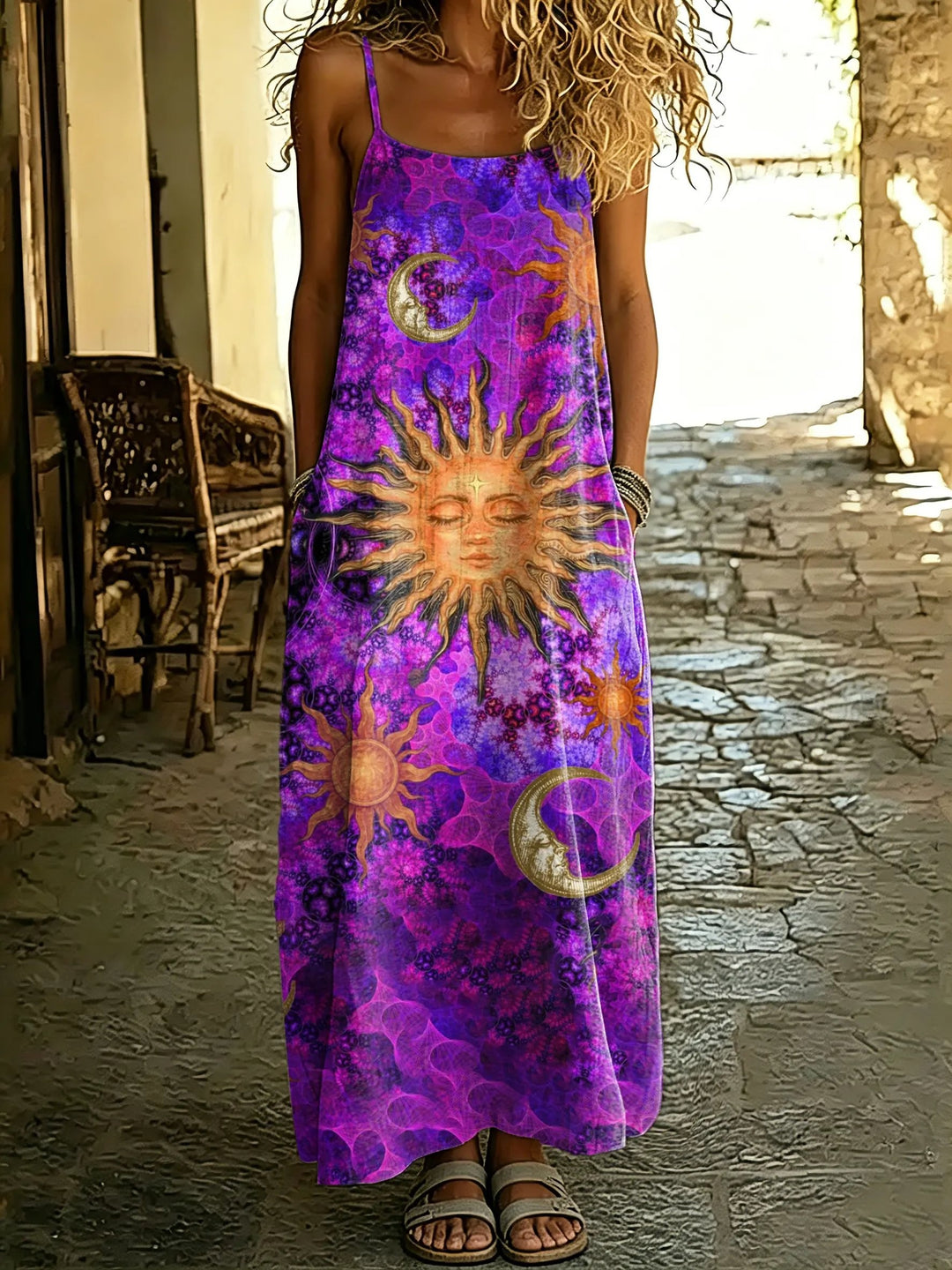 Women's Hippie Sun Moon Print Spaghetti Strap Maxi Dress