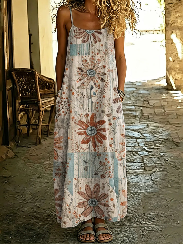 Women's Vintage Daisy Collage Print Spaghetti Strap Maxi Dress