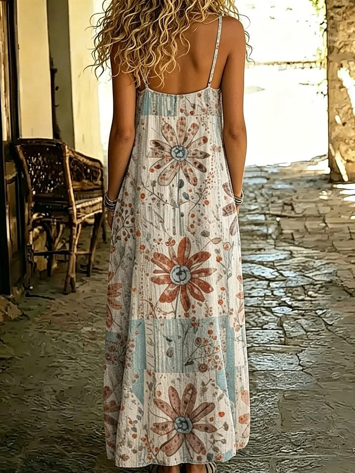 Women's Vintage Daisy Collage Print Spaghetti Strap Maxi Dress