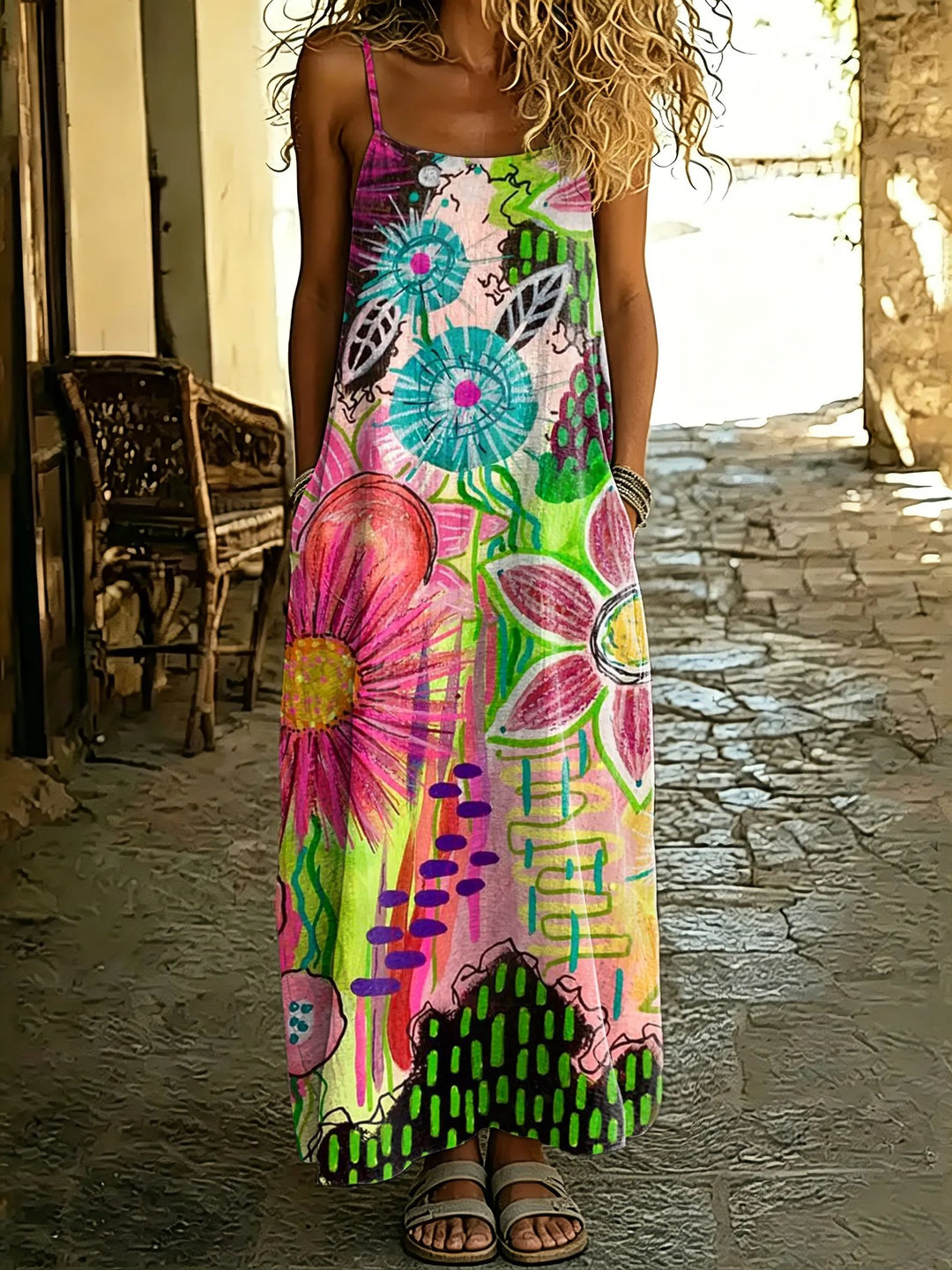 Women's Abstract Graffiti Floral Print Spaghetti Strap Maxi Dress