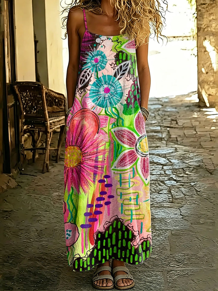 Women's Abstract Graffiti Floral Print Spaghetti Strap Maxi Dress