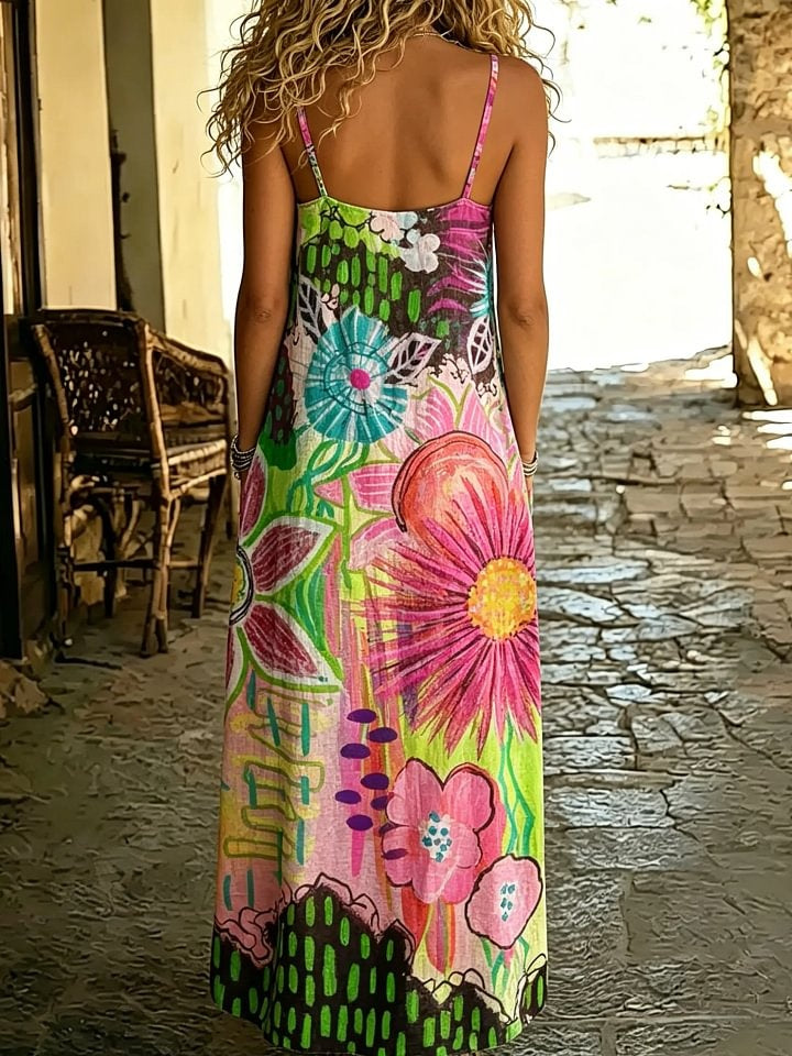 Women's Abstract Graffiti Floral Print Spaghetti Strap Maxi Dress