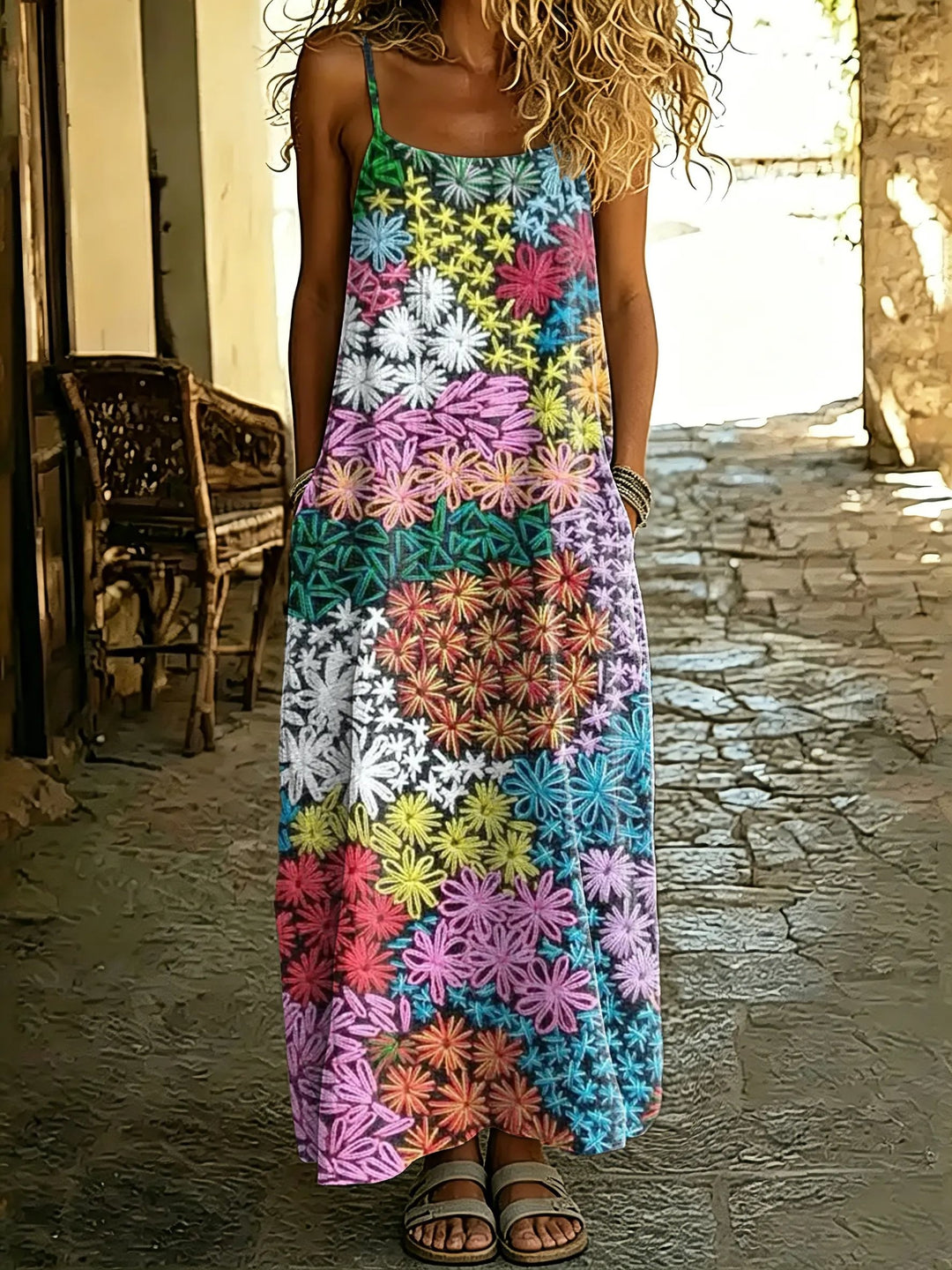 Women's Vintage Style Floral Print Spaghetti Strap Maxi Dress