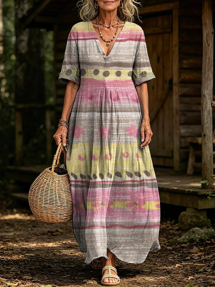 Women's Boho Stripe Floral Print V-Neck Short Sleeve Linen Maxi Dress