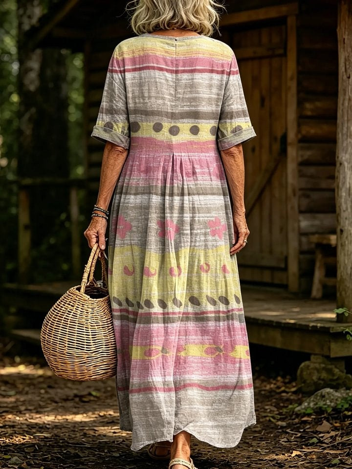 Women's Boho Stripe Floral Print V-Neck Short Sleeve Linen Maxi Dress
