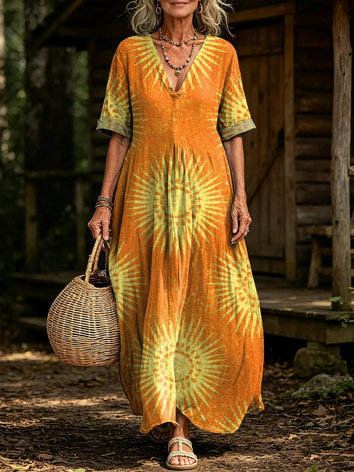 Women's Hippie Sunburst Print V-Neck Short Sleeve Linen Maxi Dress