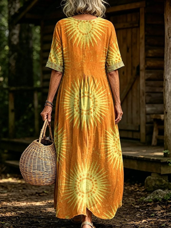 Women's Hippie Sunburst Print V-Neck Short Sleeve Linen Maxi Dress