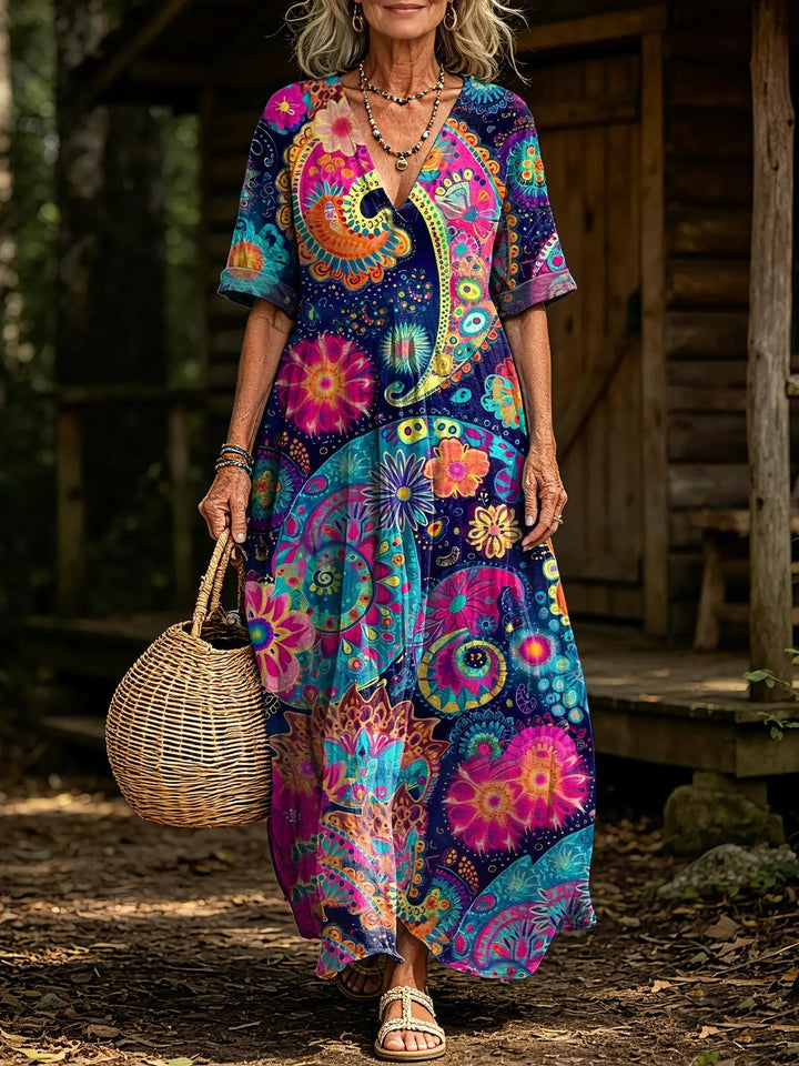 Women's Boho Paisley Floral Print V-Neck Short Sleeve Linen Maxi Dress