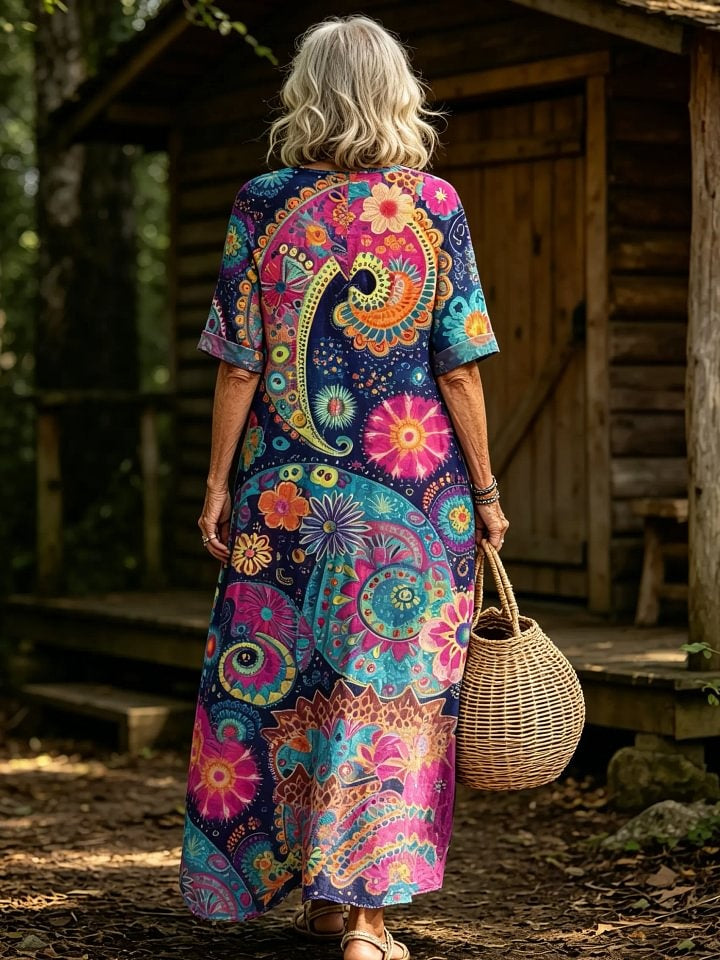 Women's Boho Paisley Floral Print V-Neck Short Sleeve Linen Maxi Dress