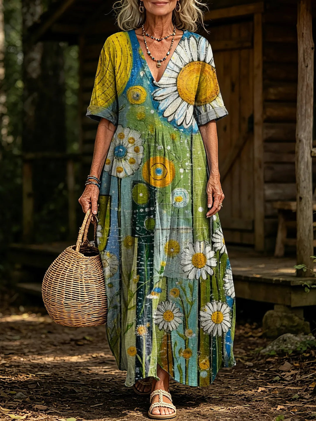 Women's Retro Style Sunflower Print V-Neck Short Sleeve Linen Maxi Dress