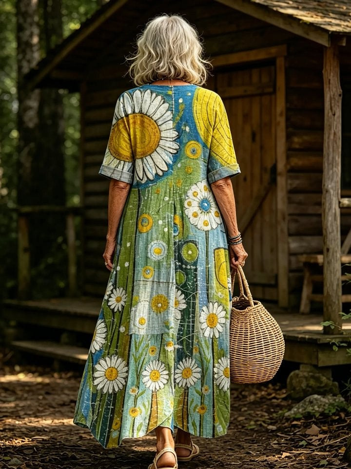 Women's Retro Style Sunflower Print V-Neck Short Sleeve Linen Maxi Dress