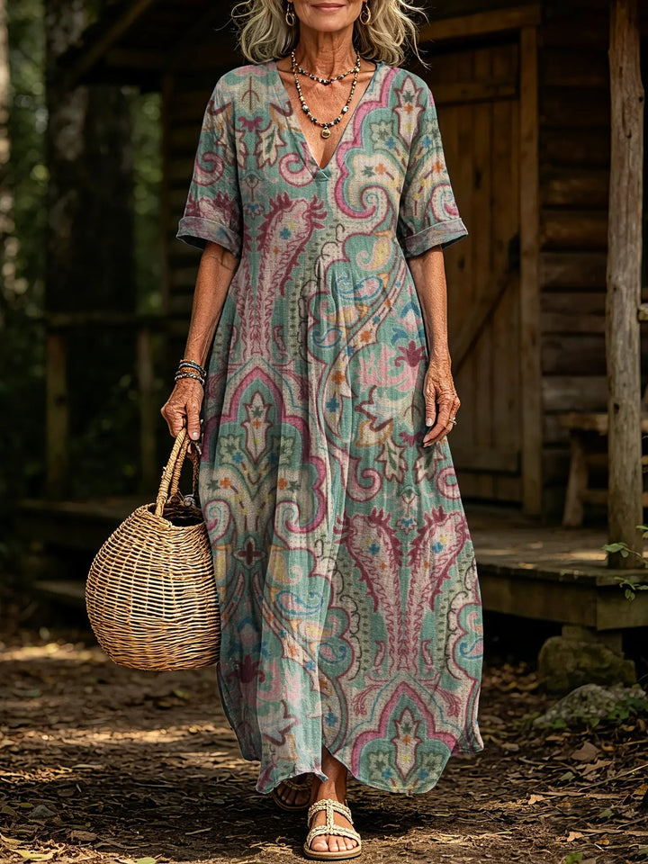 Women's Boho Mandala Geometric Print V-Neck Short Sleeve Linen Maxi Dress