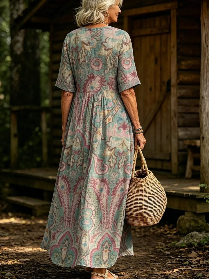 Women's Boho Mandala Geometric Print V-Neck Short Sleeve Linen Maxi Dress