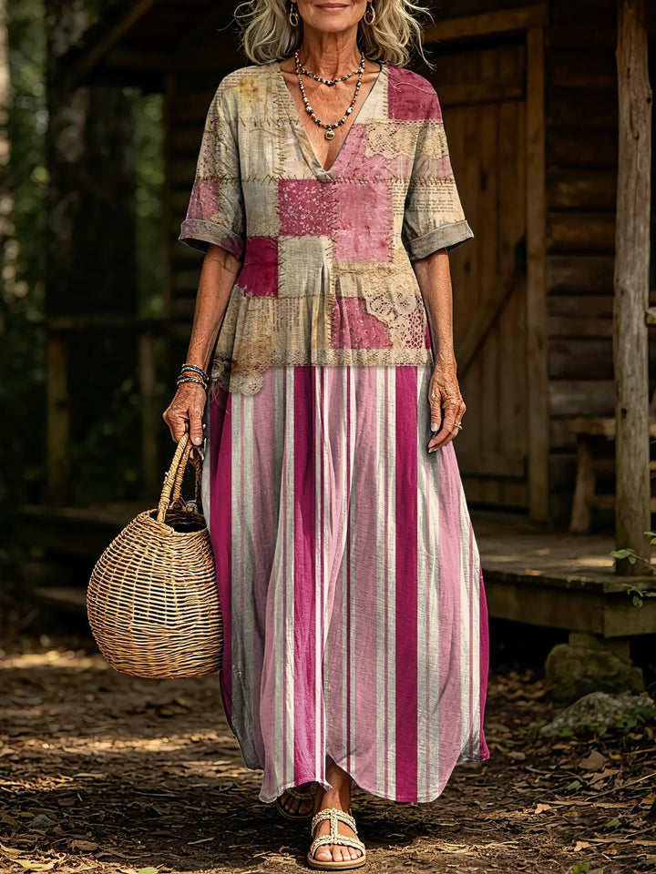 Women's Vintage Patchwork Stripe Print V-Neck Short Sleeve Linen Maxi Dress