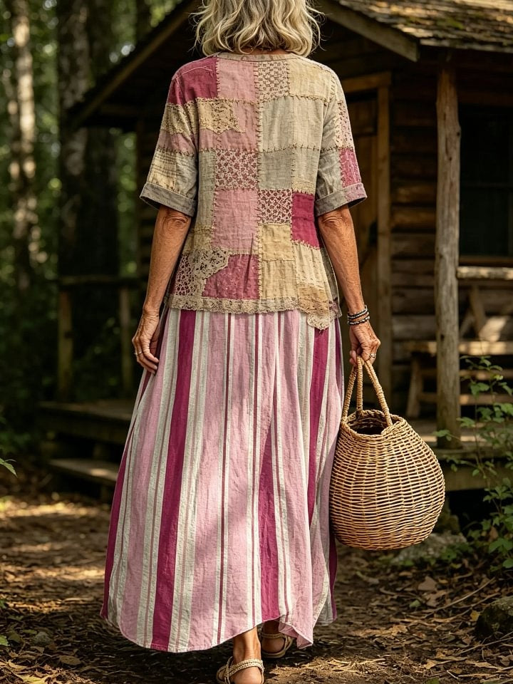 Women's Vintage Patchwork Stripe Print V-Neck Short Sleeve Linen Maxi Dress