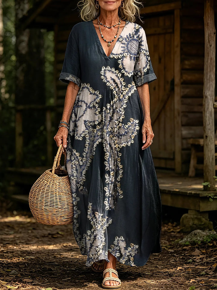 Women's Vintage Floral Print V-Neck Short Sleeve Linen Maxi Dress