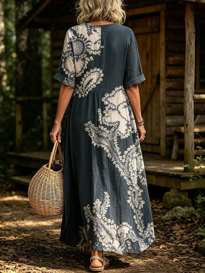 Women's Vintage Floral Print V-Neck Short Sleeve Linen Maxi Dress