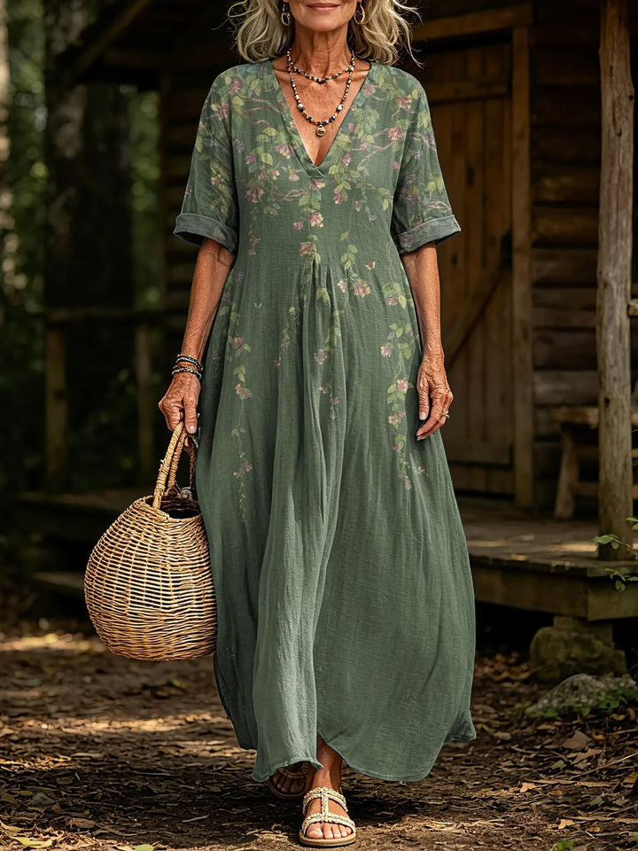 Women's Vintage Vine Floral Print V-Neck Short Sleeve Linen Maxi Dress