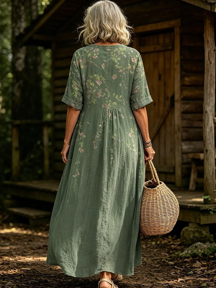 Women's Vintage Vine Floral Print V-Neck Short Sleeve Linen Maxi Dress