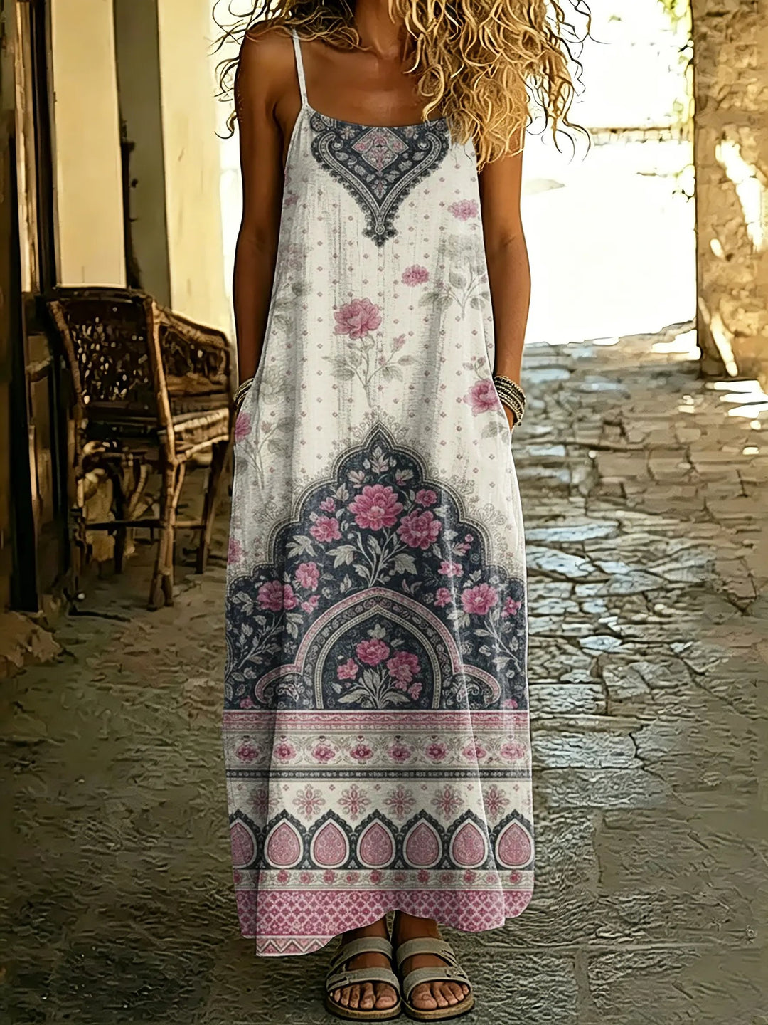Women's Vintage Boho Rose Print Spaghetti Strap Maxi Dress