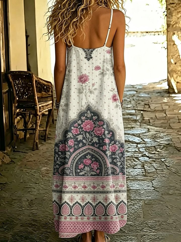 Women's Vintage Boho Rose Print Spaghetti Strap Maxi Dress