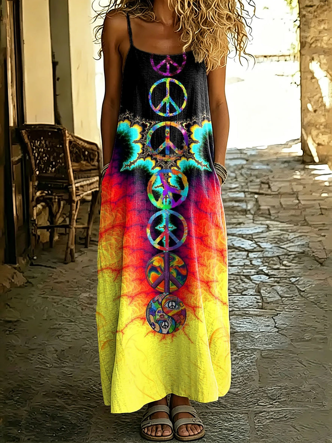 Women's Hippie Tie-Dye Peace Sign Print Spaghetti Strap Maxi Dress