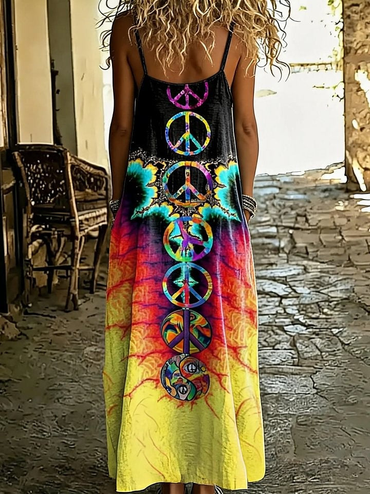 Women's Hippie Tie-Dye Peace Sign Print Spaghetti Strap Maxi Dress