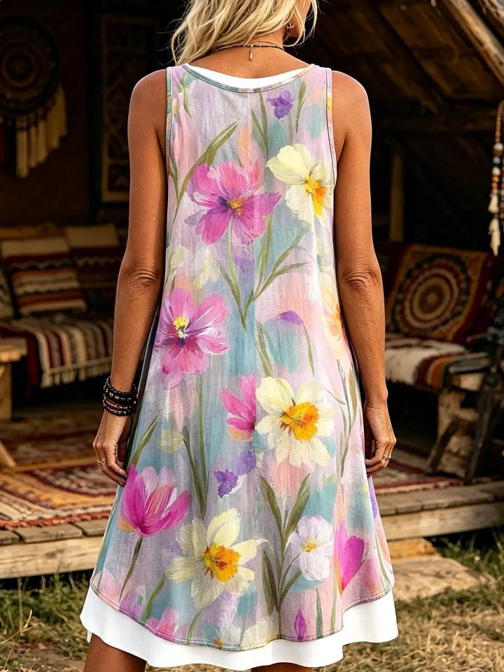 Women's Watercolor Floral Print Sleeveless Midi Dress